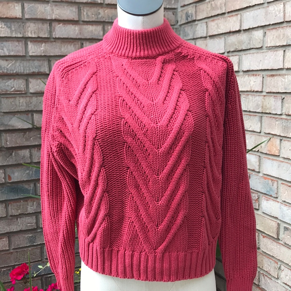 ***J crew deep coral cable knit mockneck sweater